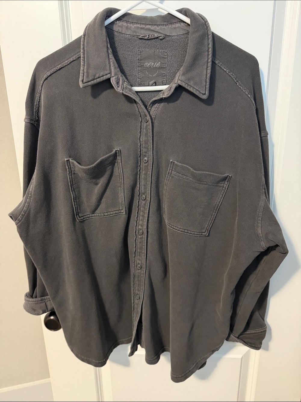 Aerie women’s Washed Button-Down Shirt Jacket in Charcoal Gray